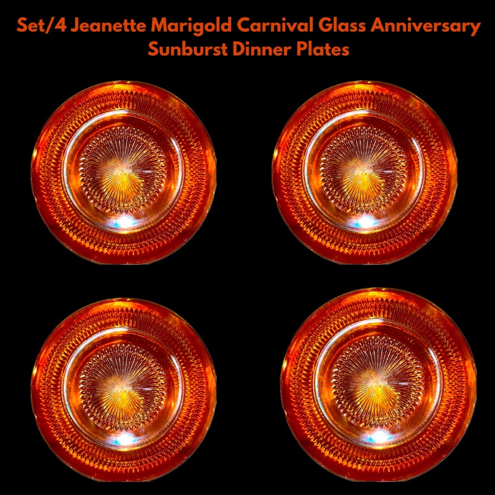 Set/4 Jeanette Marigold Carnival Glass Anniversary Sunburst Dinner Plates